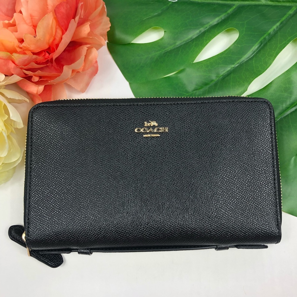 Coach travel wallet double zipped clutch black